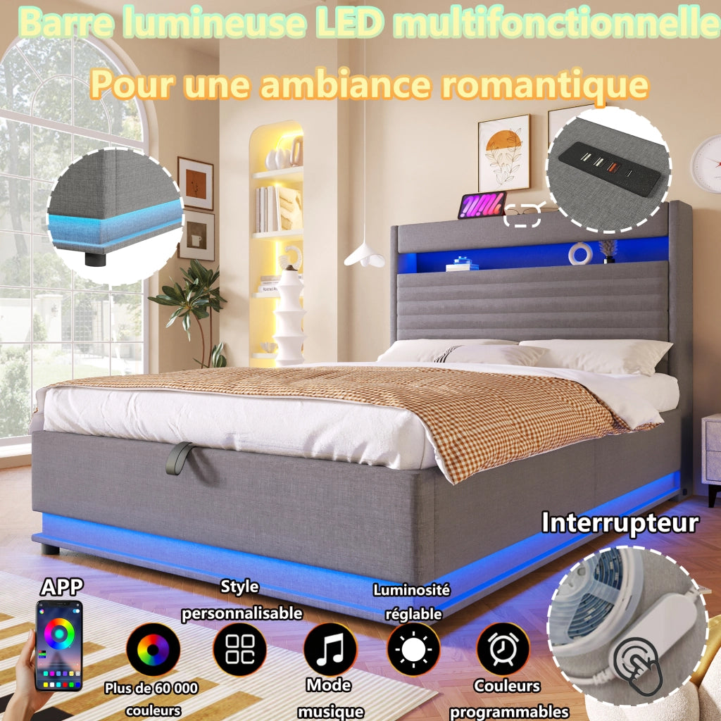 Letto matrimoniale 140×200 cm 2 posti con contenitore idraulico; LED regolabile; USB e Type-C; senza materasso; grigio