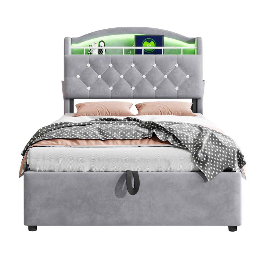Letto imbottito per bambini 90x200; contenitore con LED e prese USB; velluto grigio