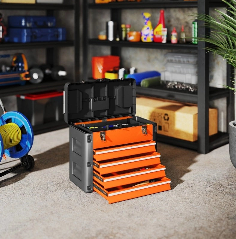 Cassettiera portautensili in acciaio con 4 cassetti, 49,7 x 25,3 x 40,7 cm, arancione, con vassoio superiore rimovibile e maniglia