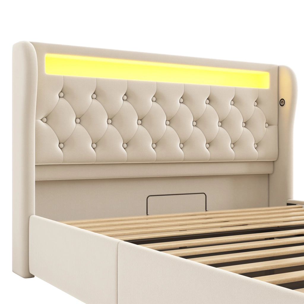Letto imbottito matrimoniale beige 140x190 cm con LED, porta USB e Type-C, contenitore idraulico in velluto senza materasso