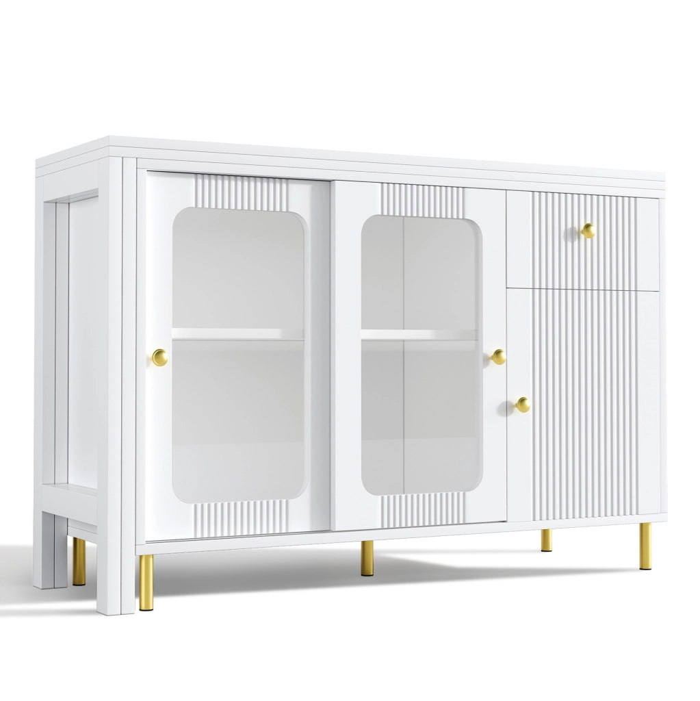 Buffet moderno bianco con tavolo estensibile e pieghevole, ante scorrevoli in vetro, gambe metalliche dorate e motivo ondulato, 116x40x78,5 cm