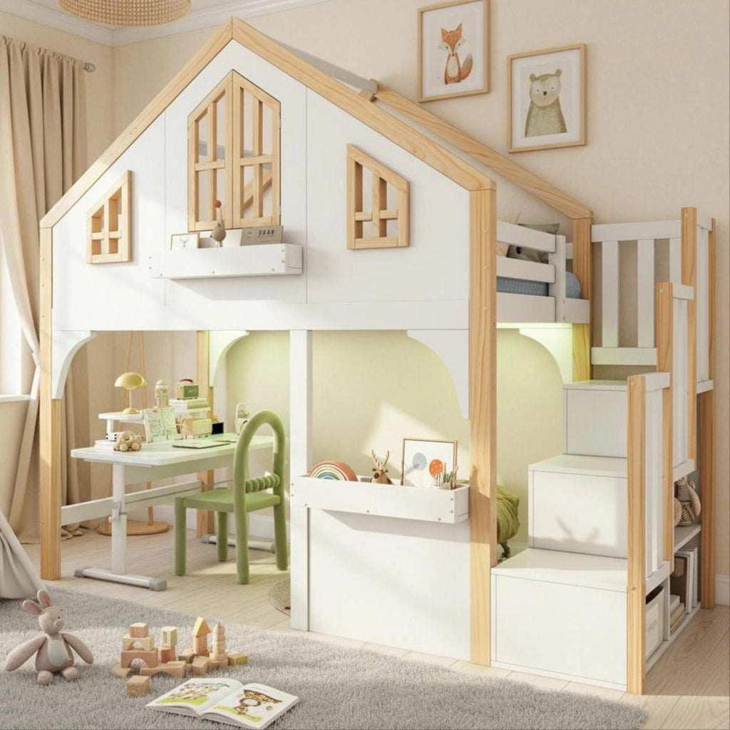 Letto soppalco bimbi 90x200 in legno bianco con LED e scala contenitore