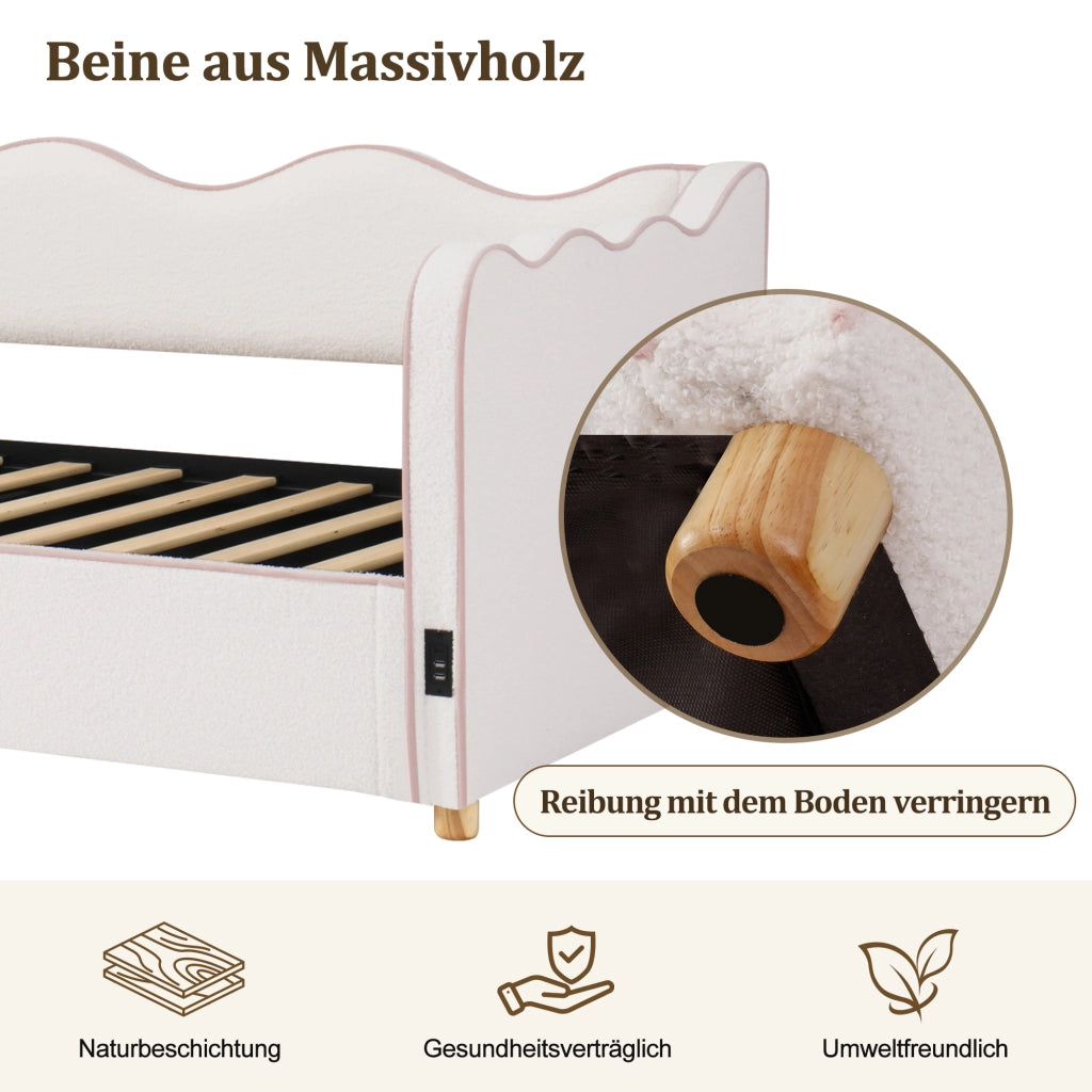 Daybed in bouclé con contenitore idraulico e USB, 90x200 cm, beige