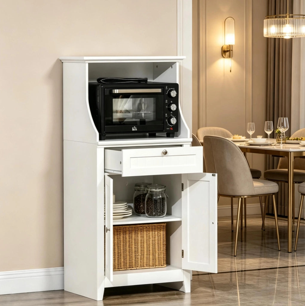 Mobiletto da cucina in MDF bianco con anta, cassetto e spazio per microonde 60x40x122,5 cm
