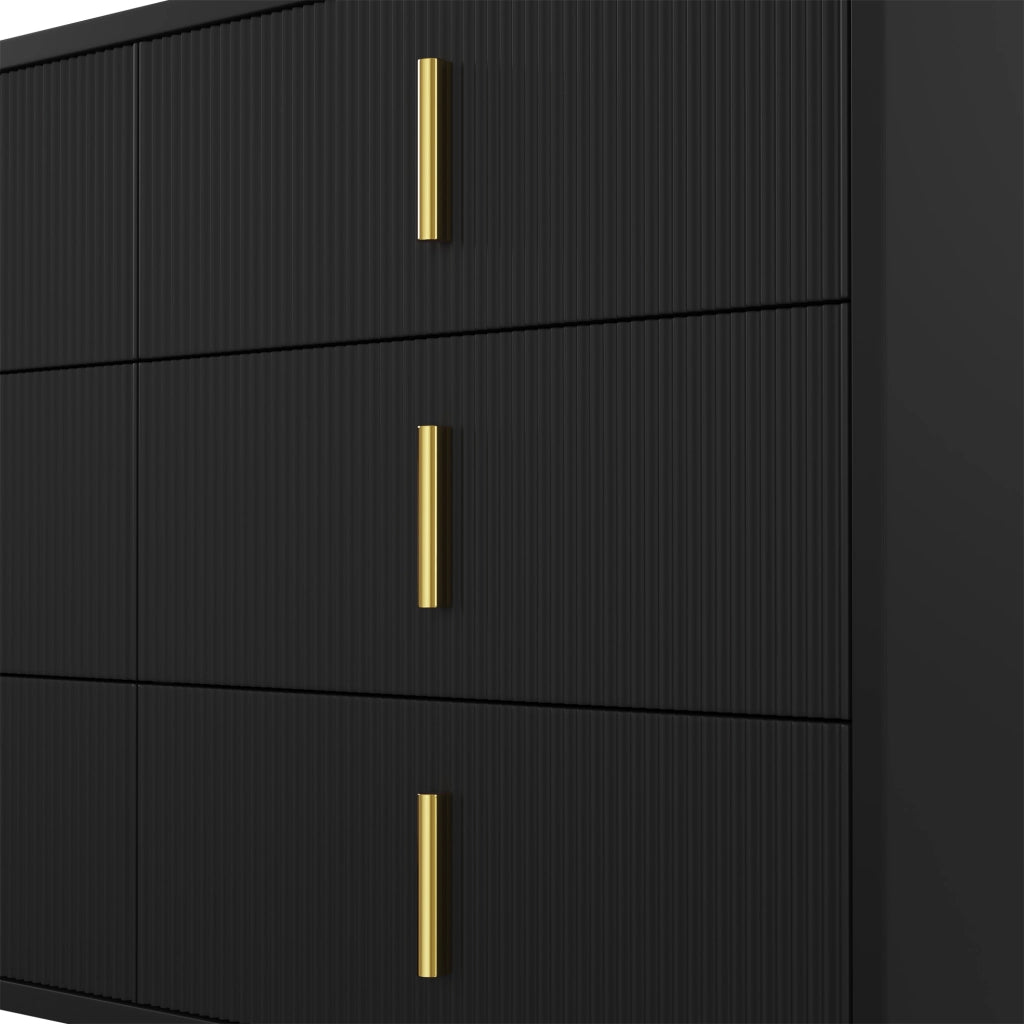 Credenza moderna con 6 cassetti e superficie ondulata, per soggiorno e sala da pranzo, nero e oro, 120 × 40 × 77 cm