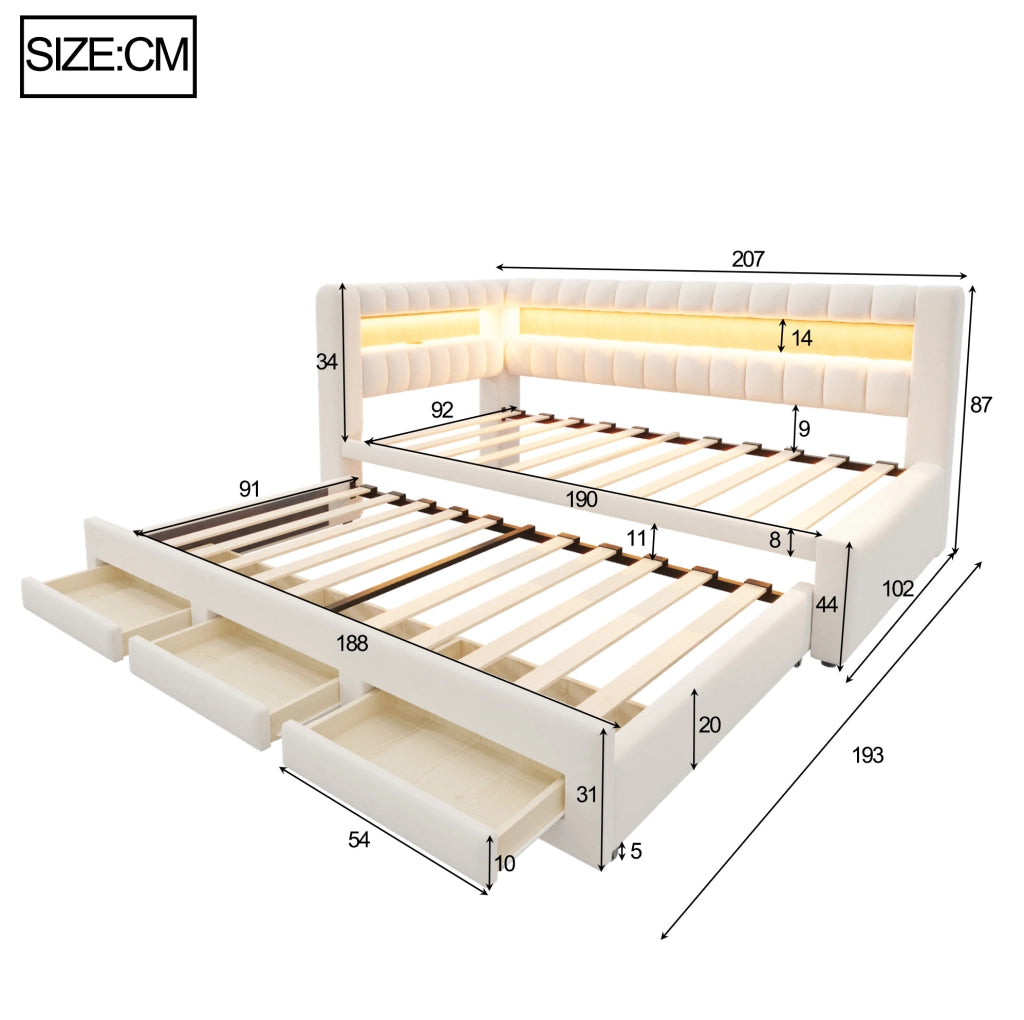 Divano letto estraibile 90x190 cm con cassetti; LED; USB-C; velluto beige