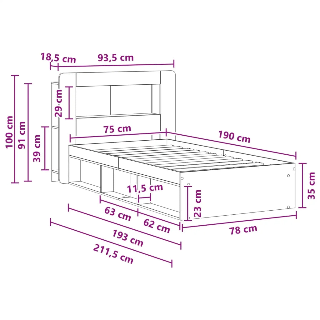 Letto singolo | Letto per adulti | Telaio del letto con storage Rovere Artigianale 75 x 190 cm