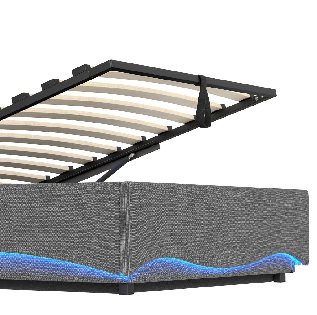 Letto imbottito con contenitore idraulico e LED 90x200 cm; lino grigio con USB e Type-C