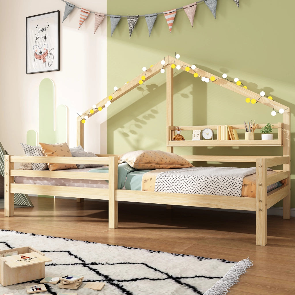 Letto a casetta 90 × 200 cm con libreria posteriore in legno di pino naturale e barriera anticaduta con 15 doghe