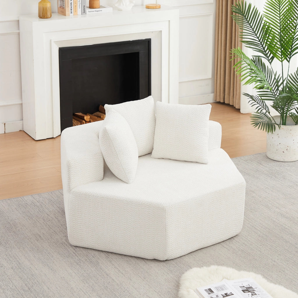 Poltrona lounge modulare esagonale in chenille beige con 3 cuscini