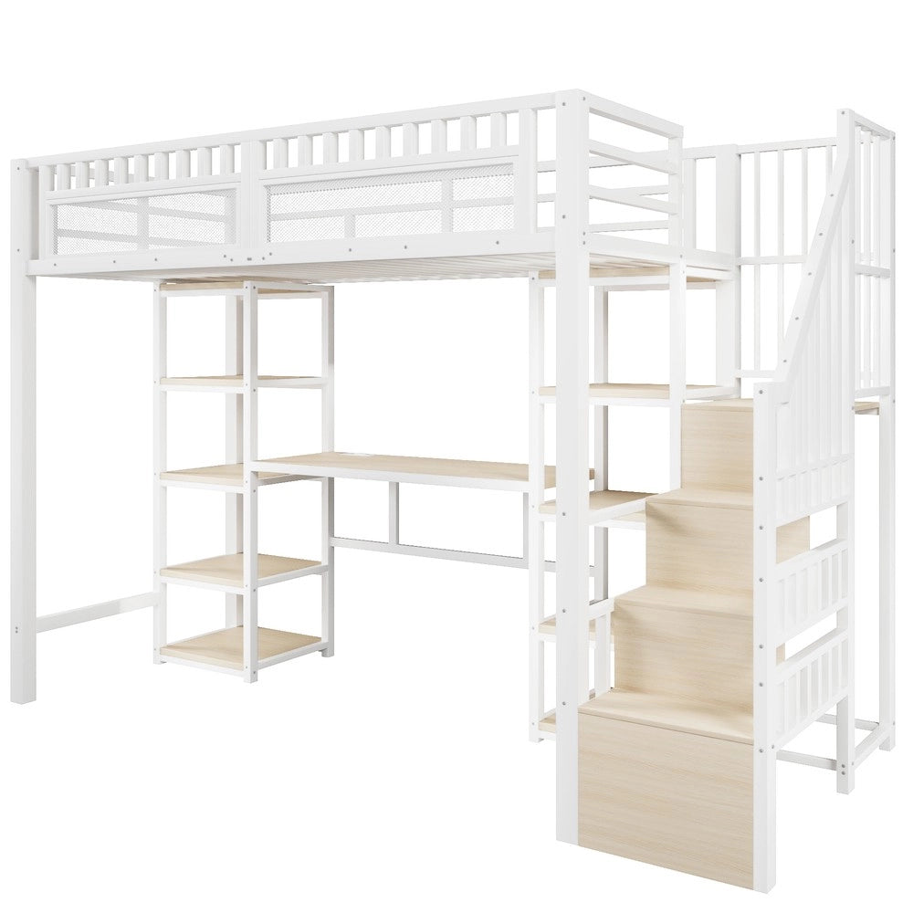 Letto a Soppalco con Scrivania e LED ¨C MINIMAL ¨C Bianco, 90x200, Struttura in Metallo