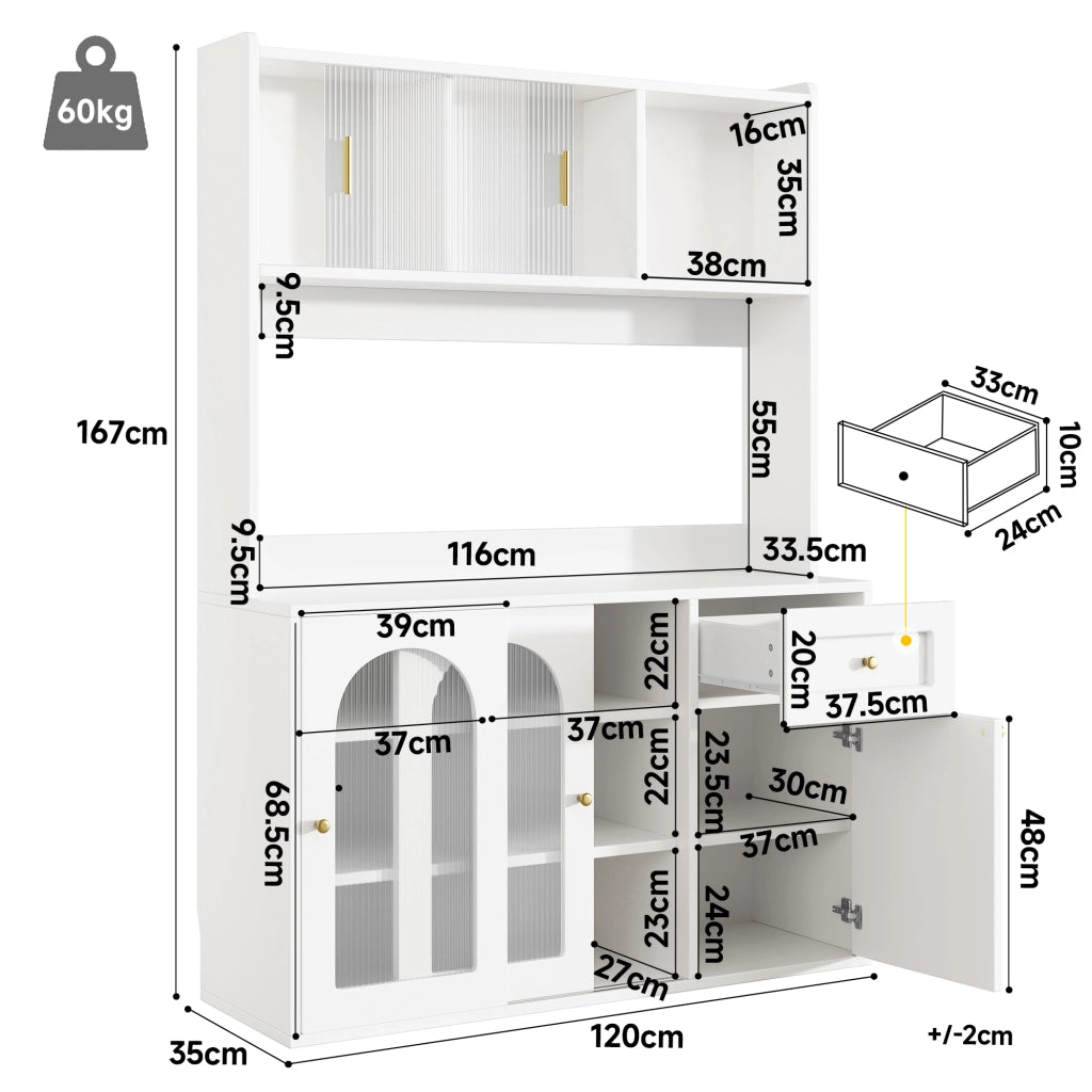 Credenza da cucina con ripiani regolabili e LED, ante scorrevoli in vetro e cassetti, bianca, 120 × 35 × 167 cm