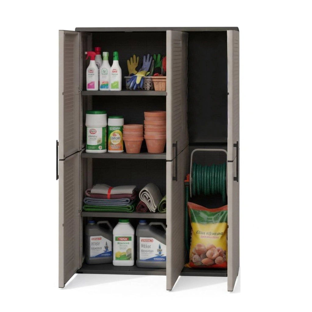 Armadio portascope da esterno o Amordel, Mobile a 3 ante e 3 ripiani regolabili in polipropilene, 100% Made in Italy, cm 102x37h163, colore Grigio