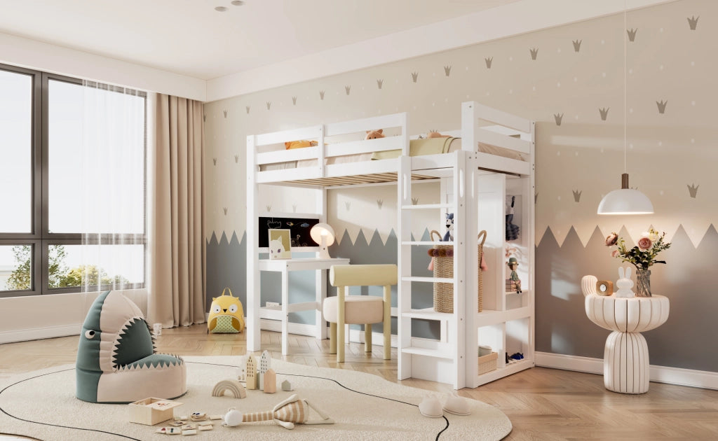 Letto a soppalco per bambini 90x200 cm con scrivania, armadio aperto e lavagna doppia, struttura in legno bianco senza materasso