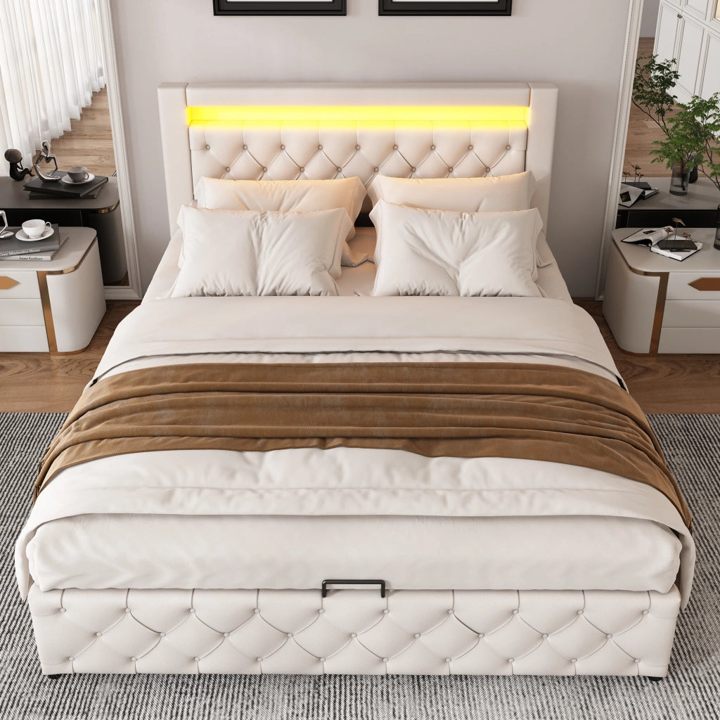 Letto matrimoniale imbottito 140x200 cm con rete a doghe; contenitore e LED; bianco in PU