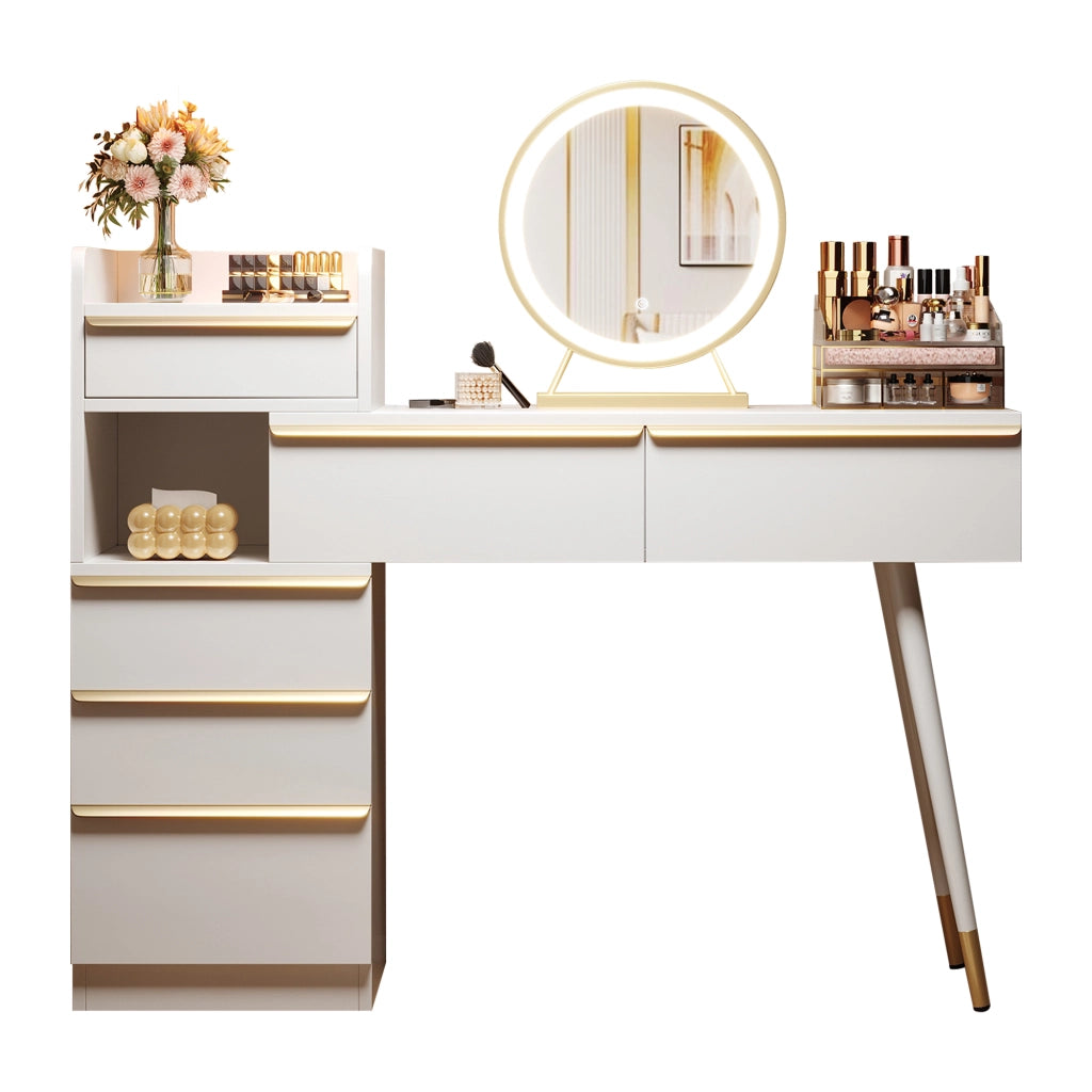 Tavolo da toeletta con 6 cassetti, piano estraibile e specchio LED dimmerabile, bianco, 100 × 41,5 × 102 cm