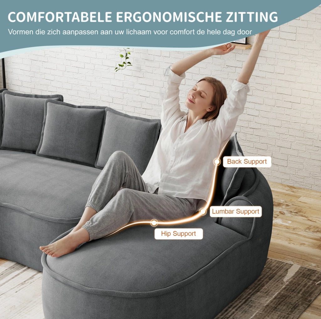 Divano modulare quattro posti in tessuto chenille grigio, senza struttura, dimensioni extra large con chaiselongue profonda e cuscini inclusi