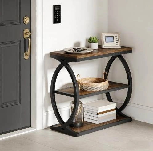 Tavolino Laterale in Stile Rustic Industrial 60 cm con Ripiani Aperti Nero e Legno