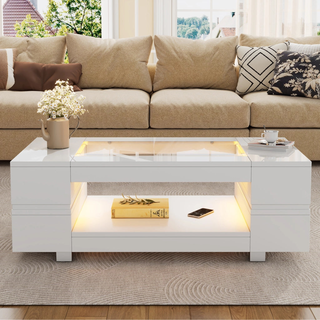 Tavolino basso fisso LED con app e telecomando; doppio ripiano; piano in vetro; bianco 100 × 50 × 35 cm