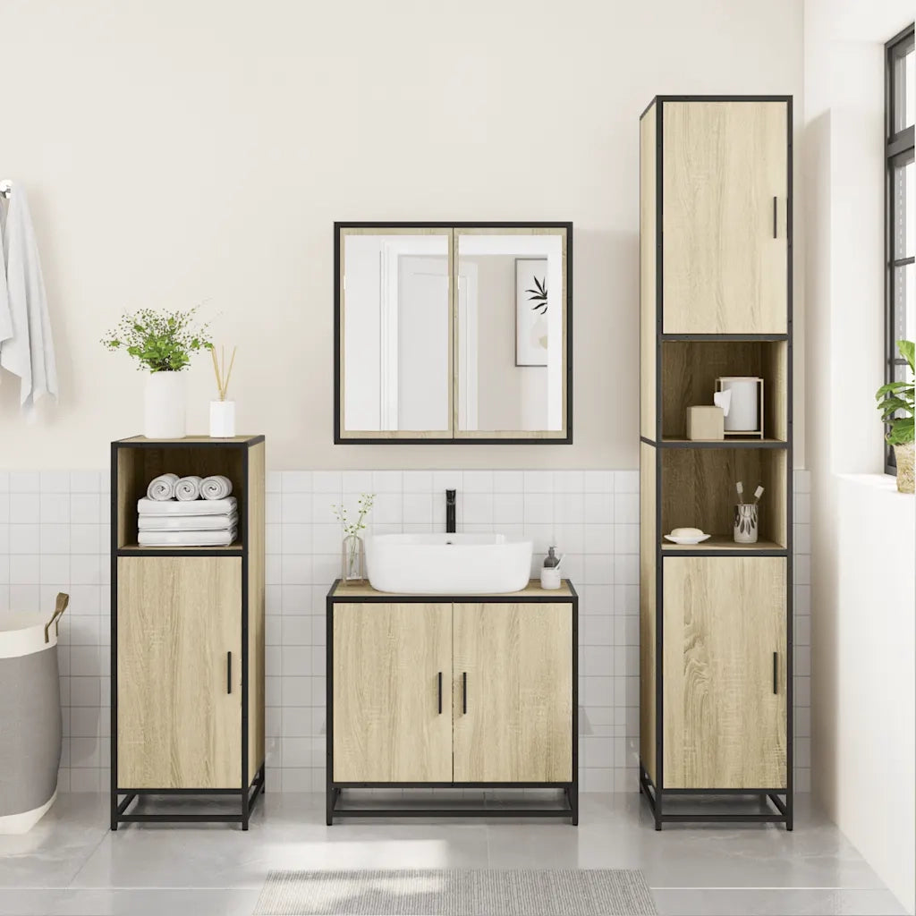 Set Mobili da Bagno | Armadio da bagno 3 pz Rovere Sonoma in Legno Multistrato