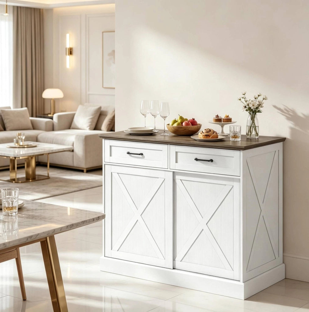 Isola cucina 106,4x57x92 cm bianca e marrone in MDF, 2 cassetti e anta scorrevole