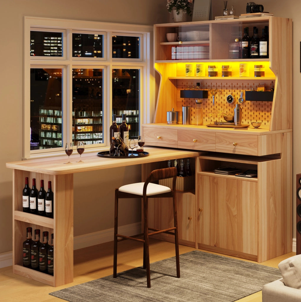 Credenza alta con scrivania integrata, ante scorrevoli in vetro, ripiani regolabili e LED per casa