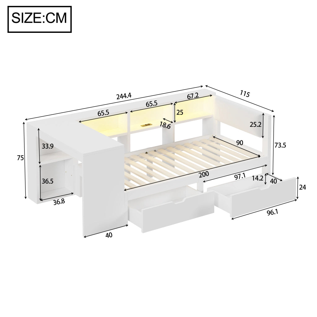 Letto piattaforma 90 x 200 cm con cassetti, prese USB e LED