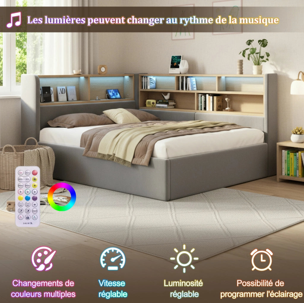 Letto singolo 140x200 cm con contenitore idraulico, rivestimento in velluto grigio, luminosità LED e porte USB