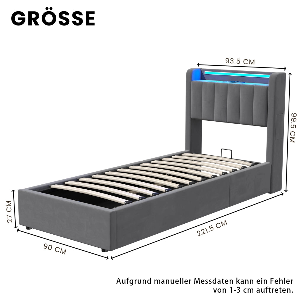 Letto imbottito 90x200 cm in velluto con contenitore idraulico, LED e porte USB