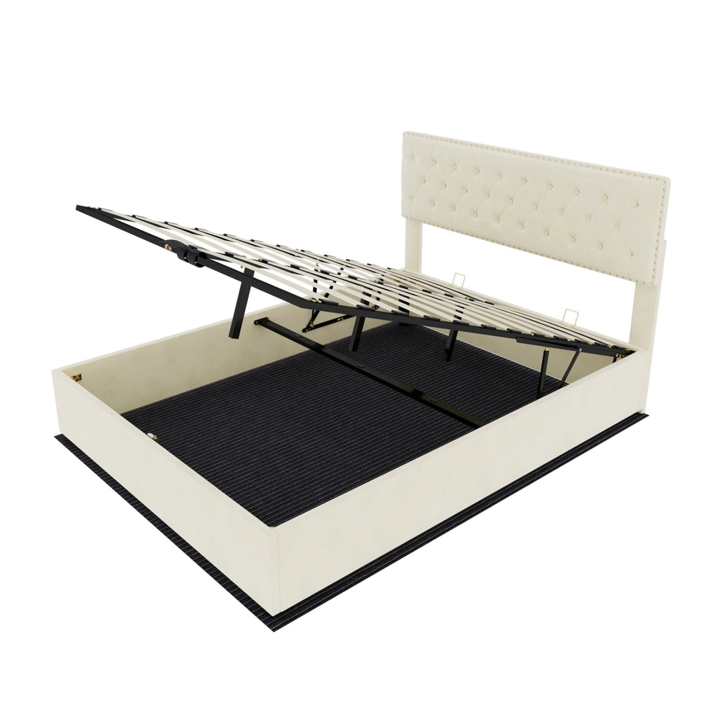Letto moderno minimalista beige 140x200 cm con testiera imbottita e contenitore, struttura in legno con supporto pneumatico, senza materasso