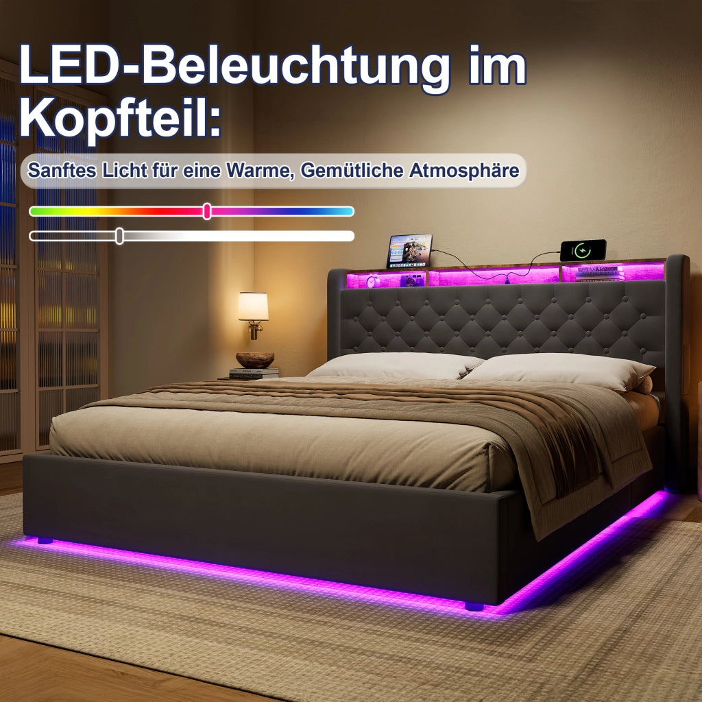 Letto contenitore matrimoniale 160x200cm;LED;vano contenitore;presa elettrica;testiera reclinabile;base imbottita;grigio scuro;materasso escluso