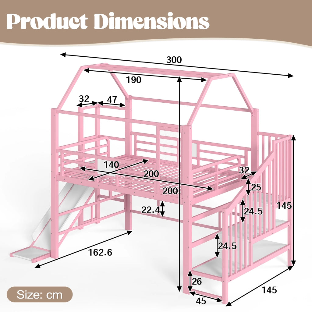 Letto a soppalco 140 × 200 cm con scivolo scala con ripiani LED Bluetooth in metallo e MDF rosa