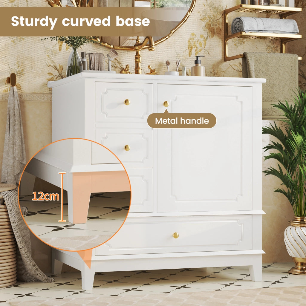 Mobiletto con lavabo in ceramica antibatterica 3 cassetti anta con ripiano MDF bianco 76.5 × 47 × 87.5 cm