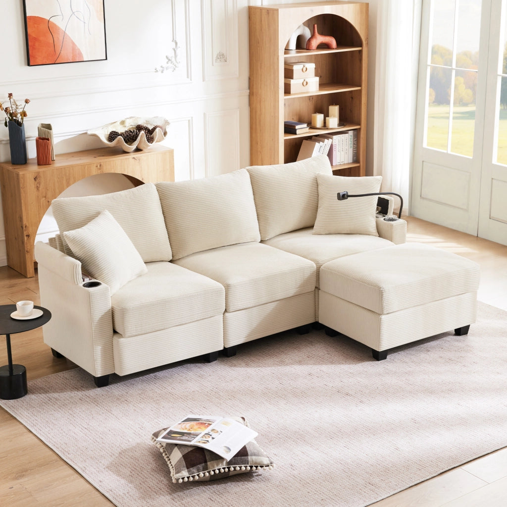 Divano angolare modulabile 3 posti in velluto a coste beige