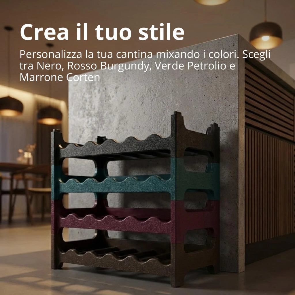 CookandSupply x TheWV Cantinetta Vino in Plastica Modulare Impilabile, Portabottiglie Effetto Pelle Martellata, 6 Bottiglie per Modulo, Scaffale Portavino Salvaspazio - Marrone Corten, 18