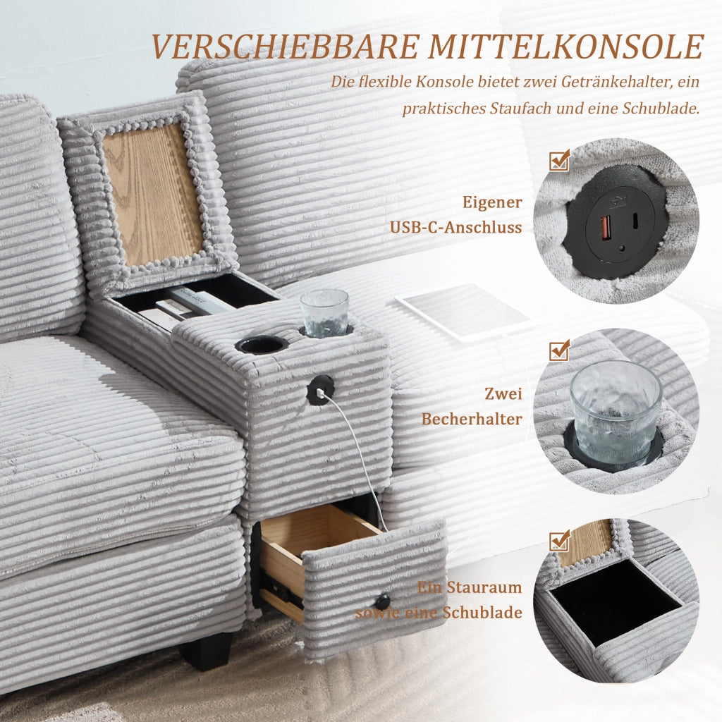 Divano 266x136 cm con memory foam; USB-C; console scorrevole e pouf contenitore in velluto a coste grigio chiaro