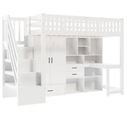 Letto a soppalco 90x200 cm con scrivania, armadio, cassetti e scaletta con contenitori, bianco, senza materasso