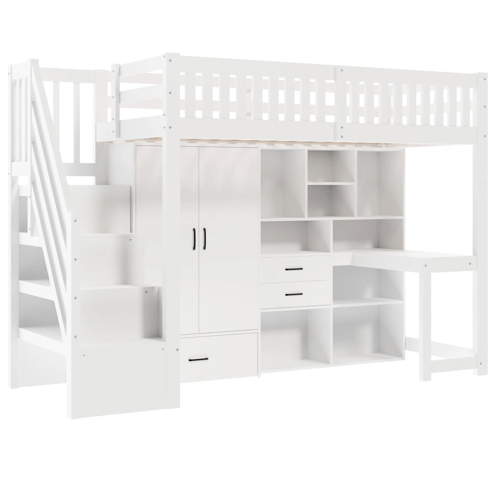Letto a soppalco 90x200 cm con scrivania, armadio, cassetti e scaletta con contenitori, bianco, senza materasso