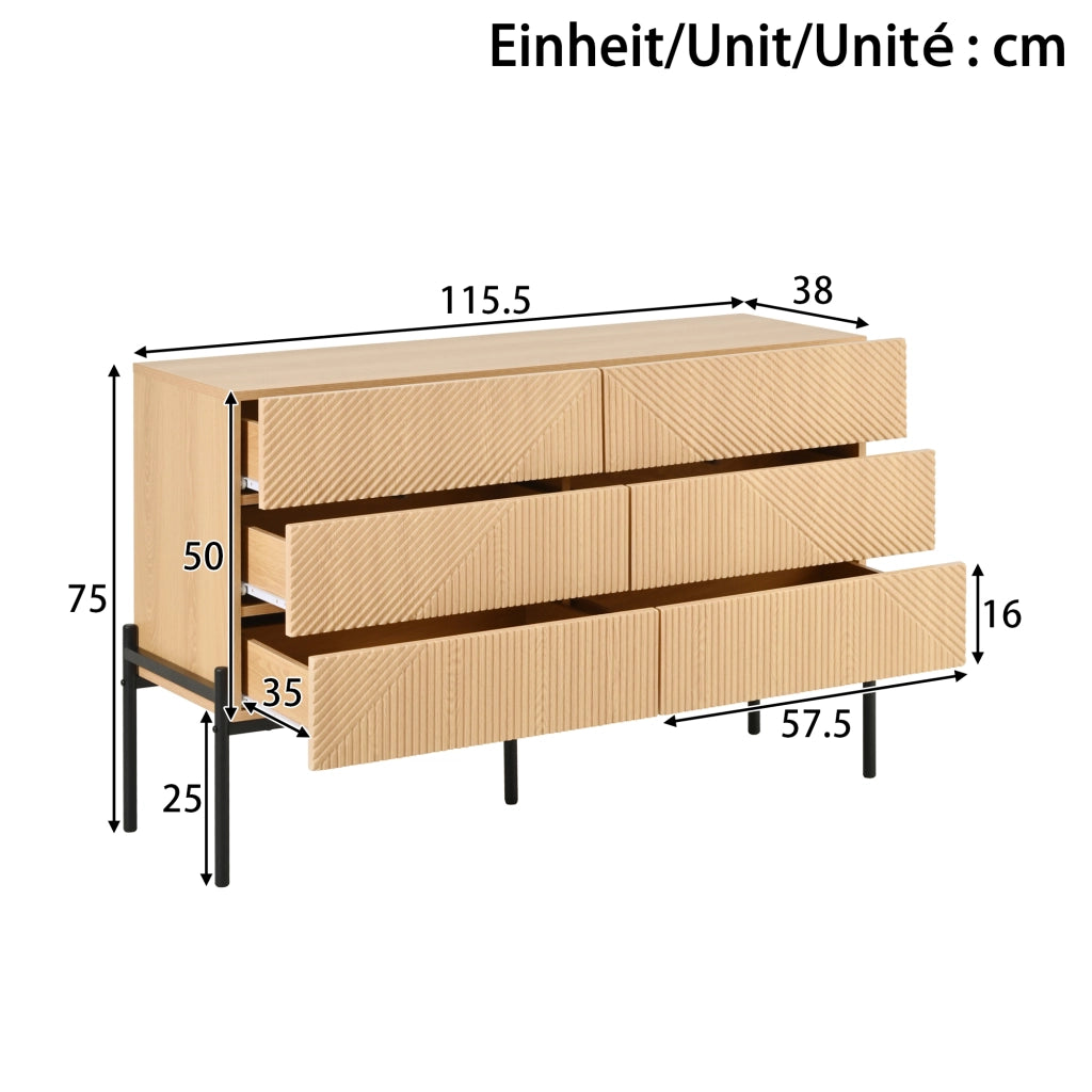 Credenza moderna con sei cassetti; 115;5 cm; struttura geometrica; MDF; color naturale