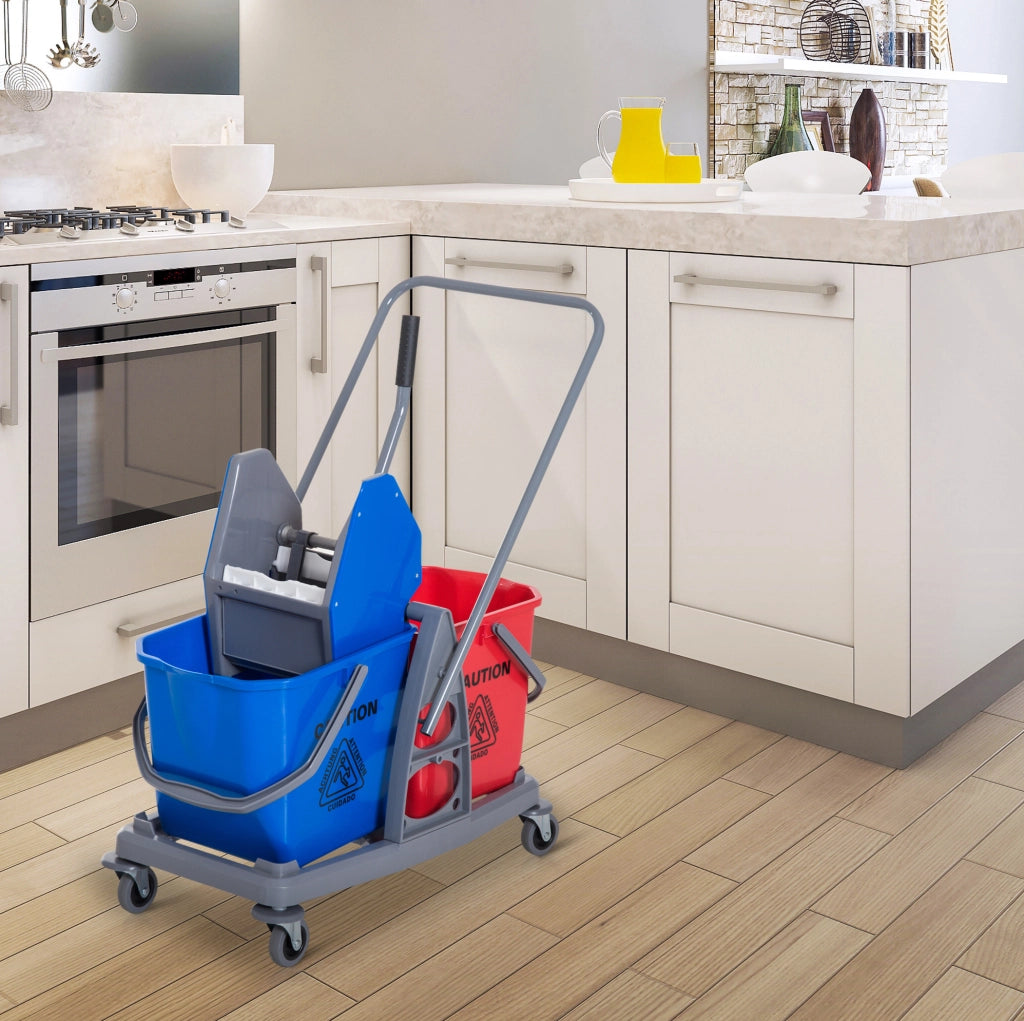 Carrello pulizia con 2 secchi, strizzatore e 4 ruote