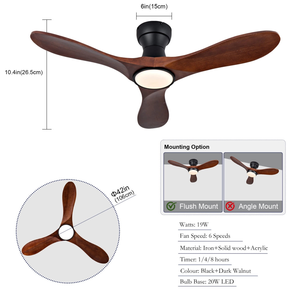 Ventilatore da soffitto 42" con LED dimmerabile; 3 pale in legno massello; nero e noce scuro