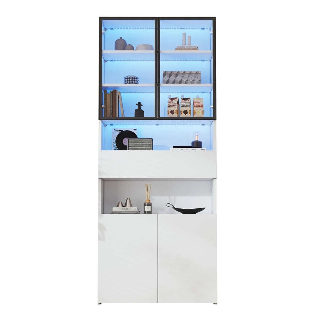 Vetrina verticale 70x30x200 cm con LED; ante in vetro e cassetto; bianca