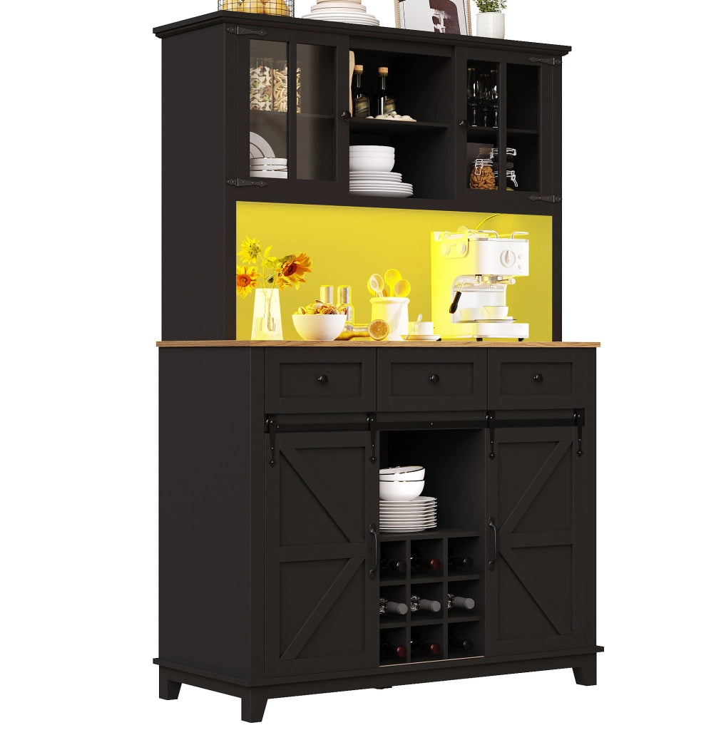Credenza alta da cucina 105x38,4x180 cm in MDF con LED, ante in vetro e ripiani regolabili