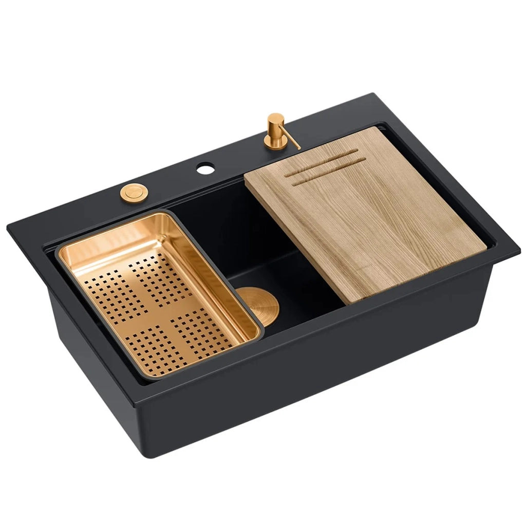 Lavello In Granito Marc 110 Workstation Black Tappo rame spazzolato