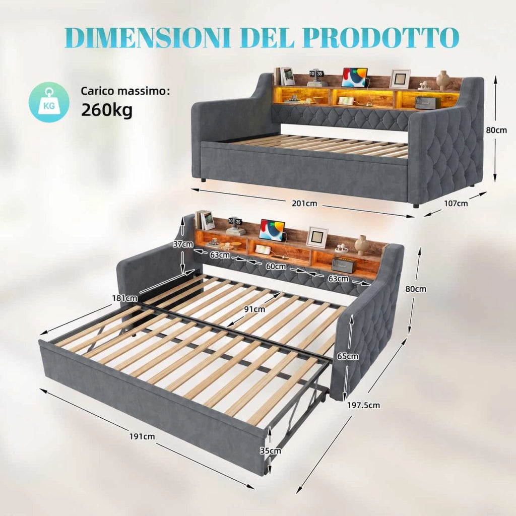 Letto divano 90x190 cm in velluto grigio scuro con letto estraibile; testiera con vani; LED; USB e USB-C