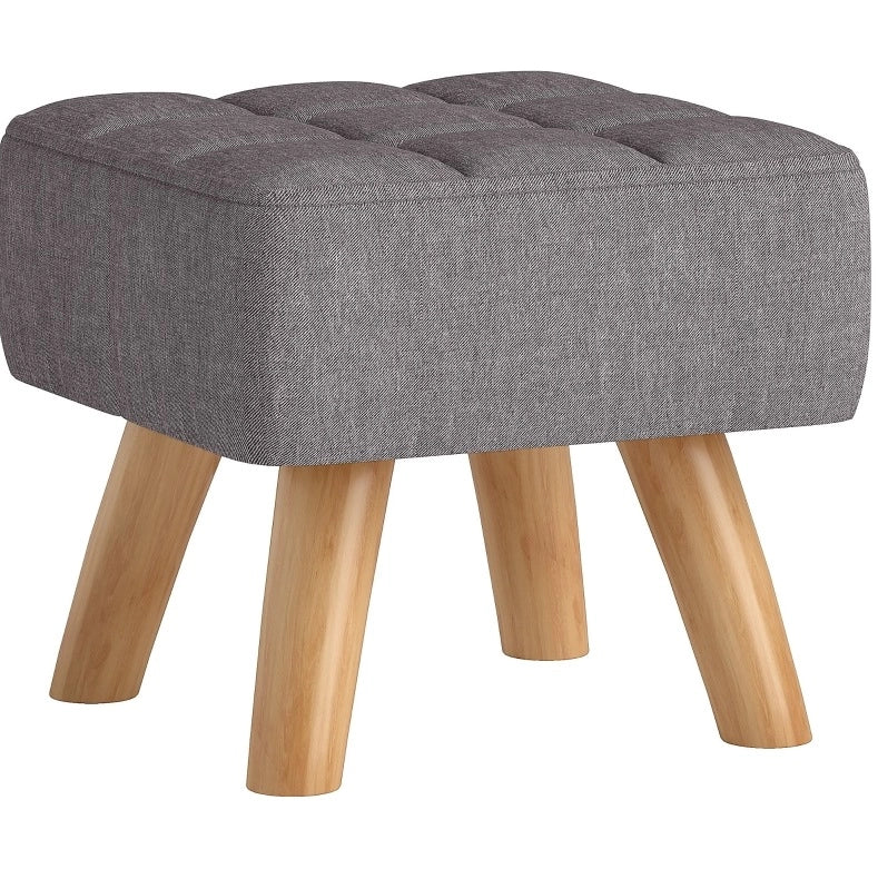 Pouf con Gambe in Legno di Gommello e Rivestimento Effetto Lino, Grigio, 27x27x26 cm