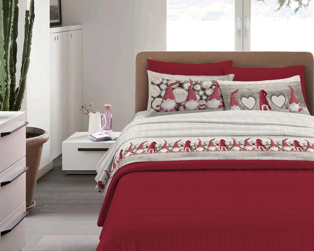 Completo Letto in Flanella Calda e Morbida Anti Pilling - Set Flanellato 3 Misure parure con Federe - Gnomi rosso - 1 Piazza e mezza