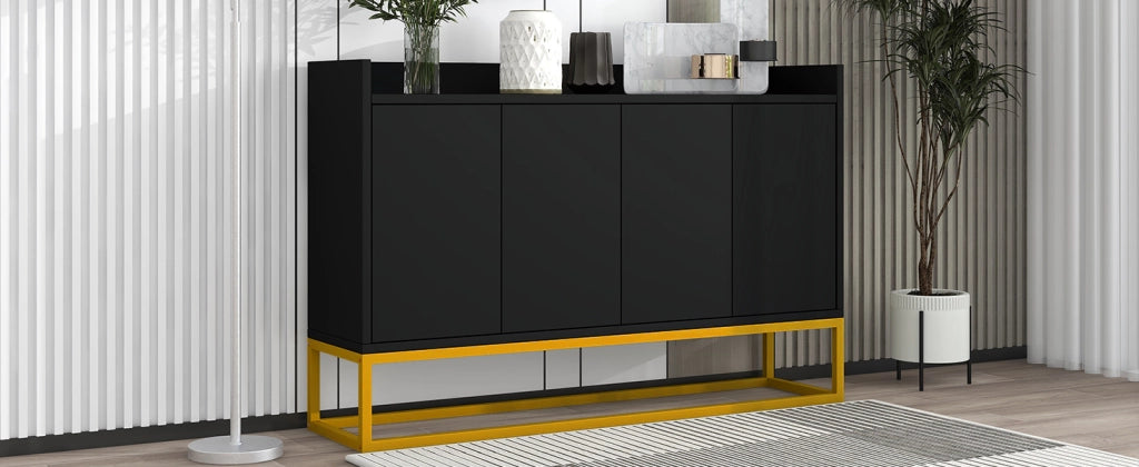 Sideboard moderno minimalista nero, 4 ante senza maniglie per soggiorno, sala da pranzo e cucina