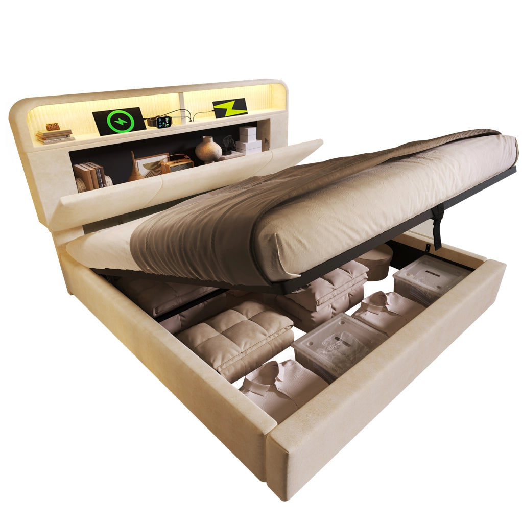 Letto matrimoniale 180x200 cm con contenitore, LED e prese USB/Type-C in velluto beige