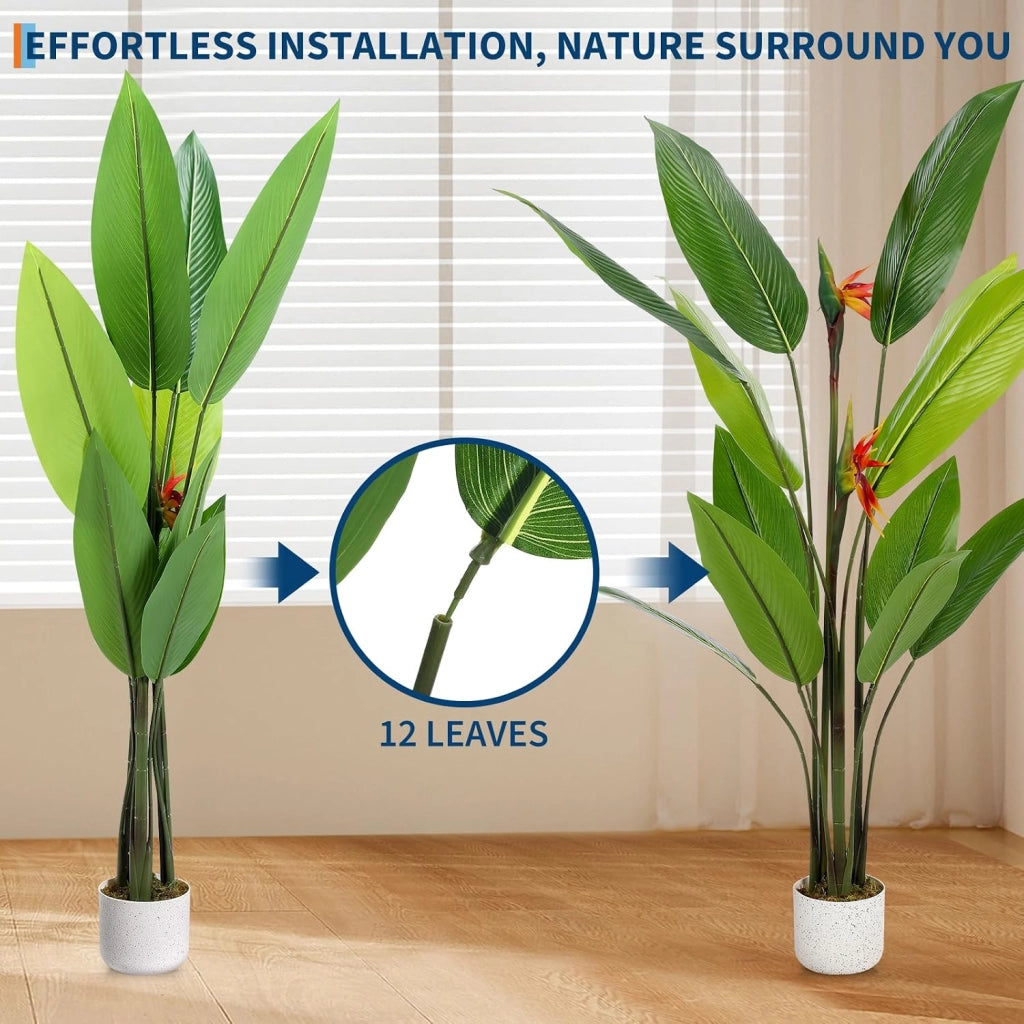 Strelitzia Uccello del Paradiso Artificiale 145 cm con 12 Foglie in PEVA e Vaso